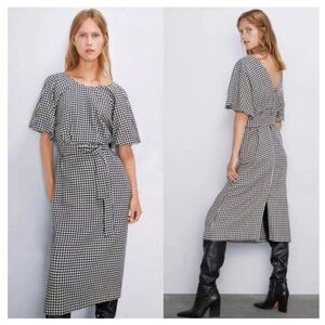 ZARA Houndstooth Black White Sheath Dress Dolman Sleeves Scoop Neck Size XS Midi